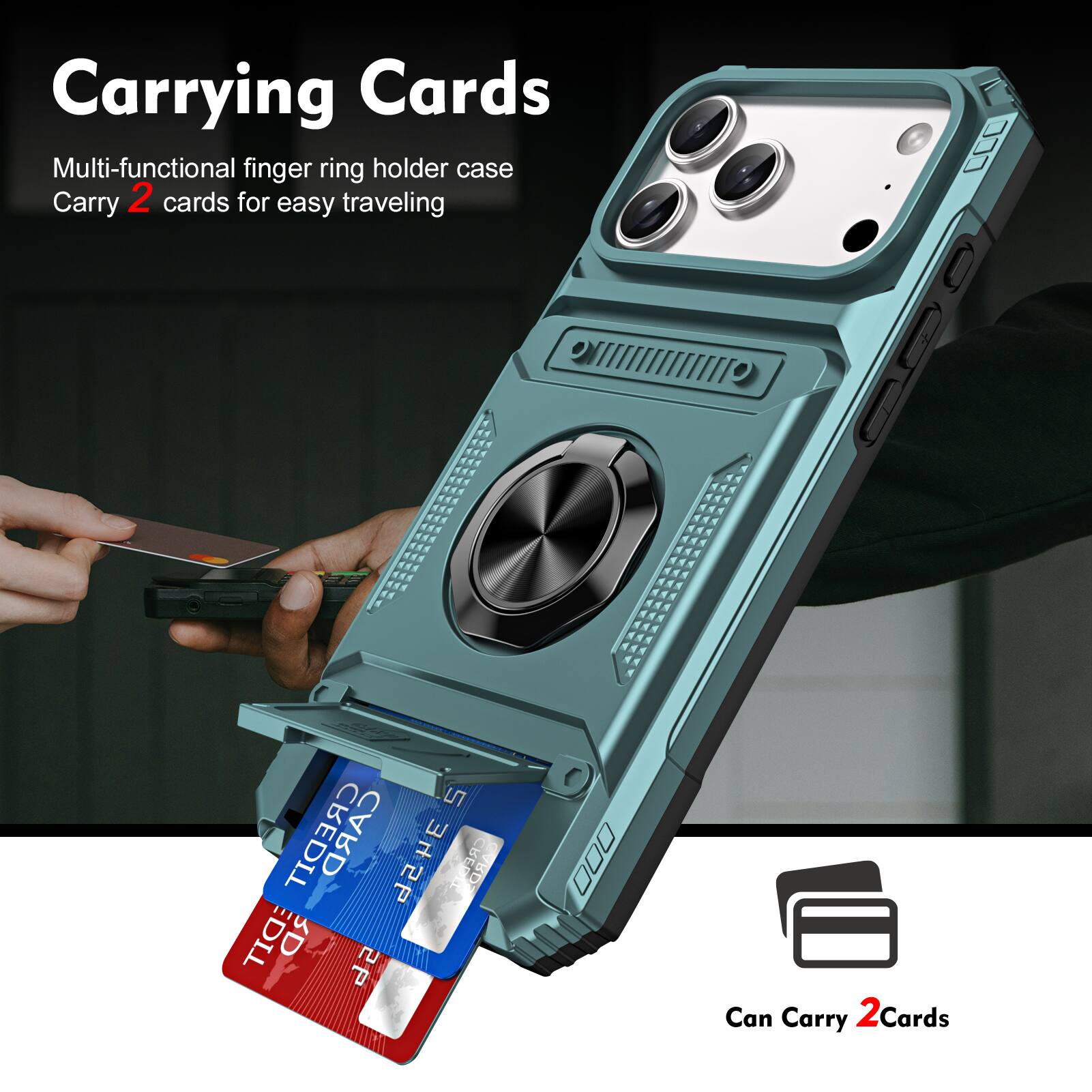 Carrying Cards

Multi-functional finger ring holder case
Carry 2 cards for easy traveling

Can Carry 2 Cards