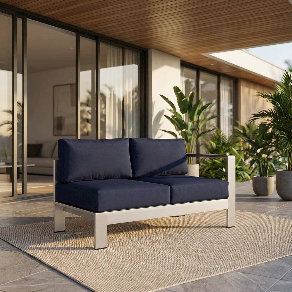 Angle. Outdoor Escape - Outdoor Sectional Loveseat With Armrest, Aluminum Frame For Patio Lounging - Silver.