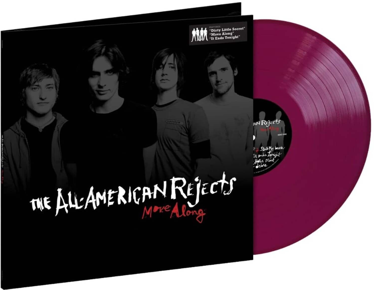 Sure, here is the corrected and grouped text from the image:

---

**The All-American Rejects**  
*Move Along*

**Features**  
- "Dirty Little Secret"  
- "Move Along"  
- "It Ends Tonight"

**Tracklist**  
1. Stab My Back  
2. It Ends Tonight  
3. Your Mind  
4. Divine

---