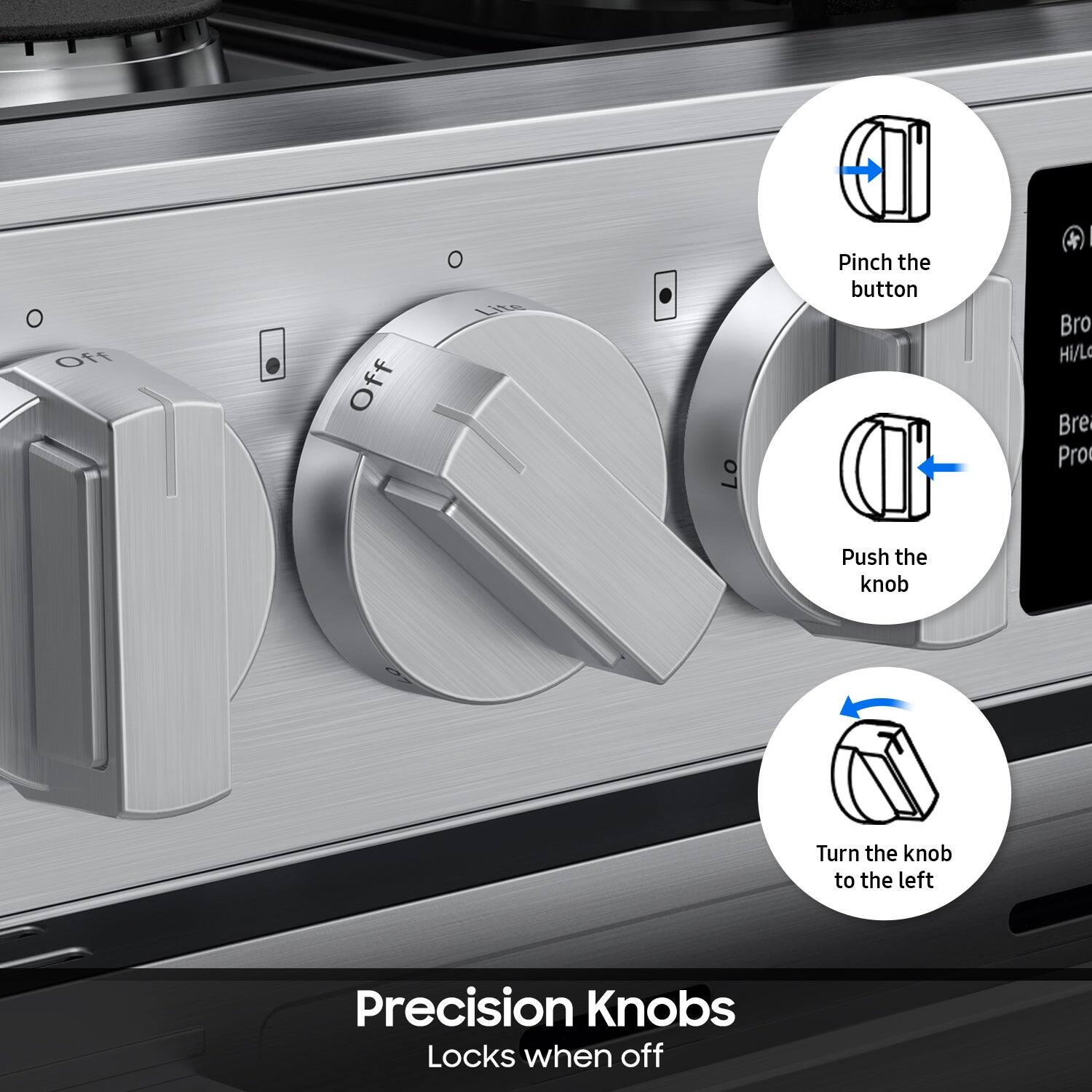 - Pinch the button
- Push the knob
- Turn the knob to the left

Precision Knobs
Locks when off