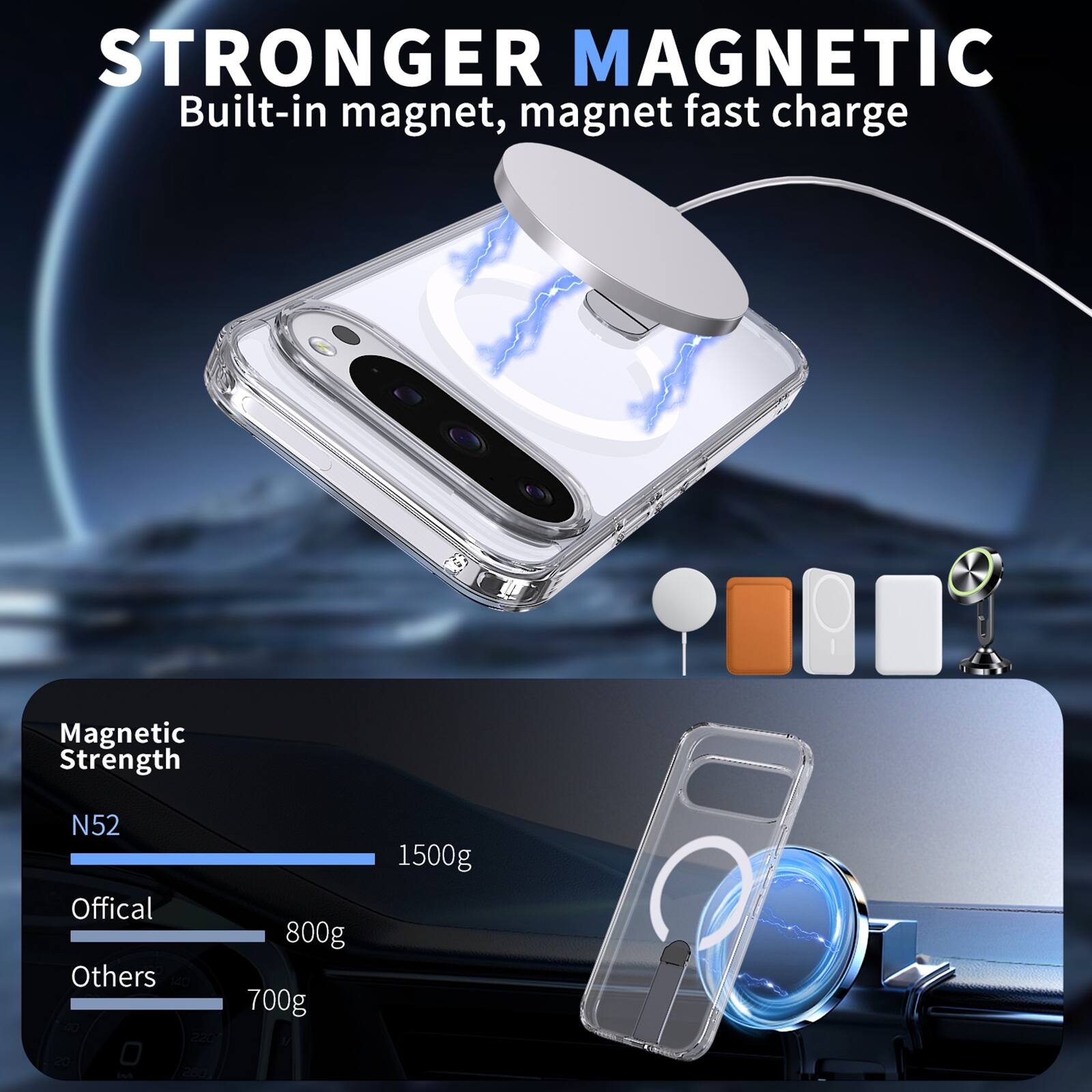 STRONGER MAGNETIC  
Built-in magnet, magnet fast charge

Magnetic Strength  
N52: 1500g  
Official: 800g  
Others: 700g