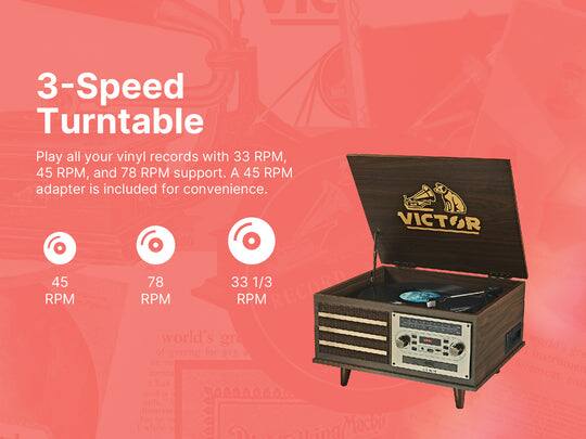3-Speed Turntable

Play all your vinyl records with 33 RPM, 45 RPM, and 78 RPM support. A 45 RPM adapter is included for convenience.

45 RPM  
78 RPM  
33 1/3 RPM