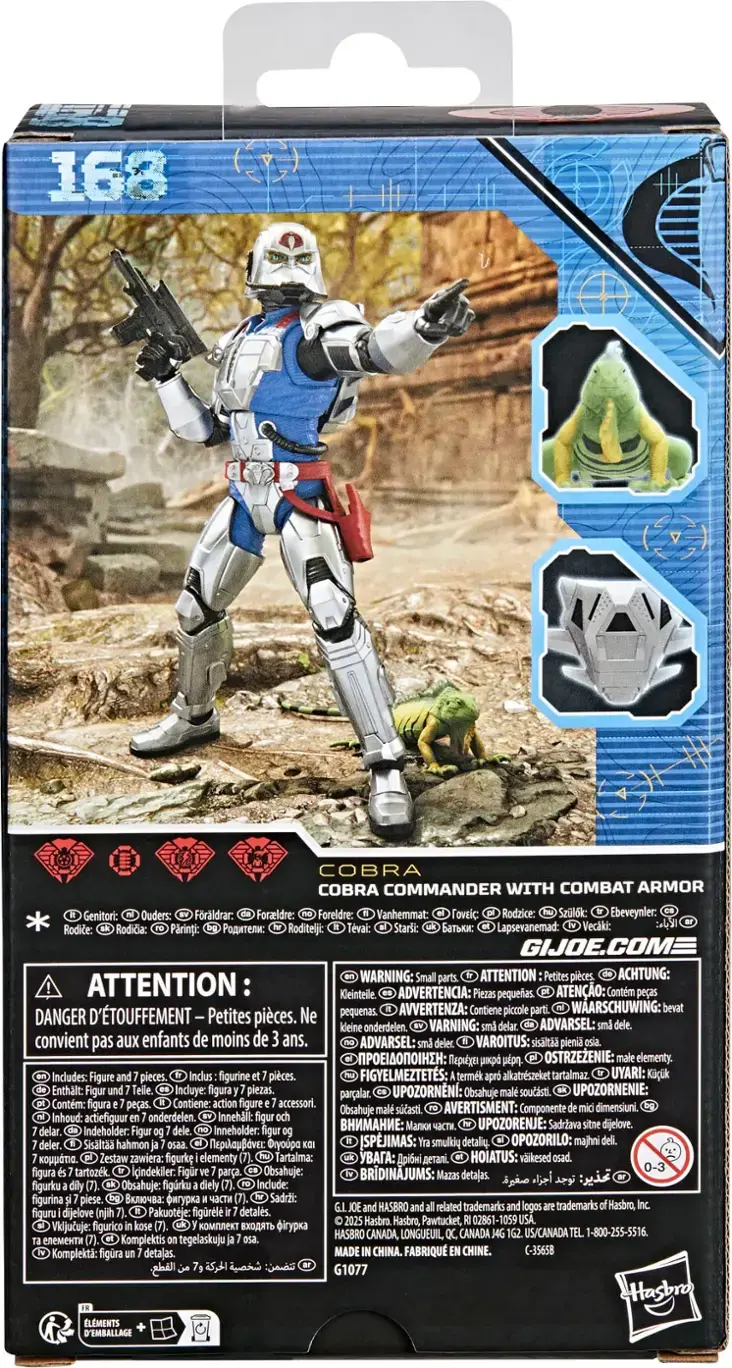 The text on the image is in multiple languages, including English, Spanish, French, Italian, and German. The main message is to warn that the box contains small parts, which could pose a choking hazard for children. The box also includes a figure and accessories, and it is not suitable for children under three years of age. The box is made by Hasbro and is intended for collectors.