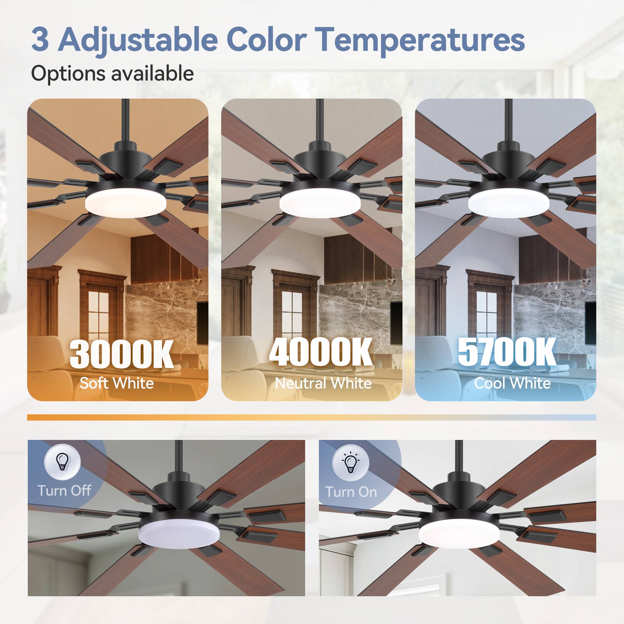 3 Adjustable Color Temperatures Options available
3000K Soft White
4000K Neutral White
5700K Cool White
Turn Off
Turn On