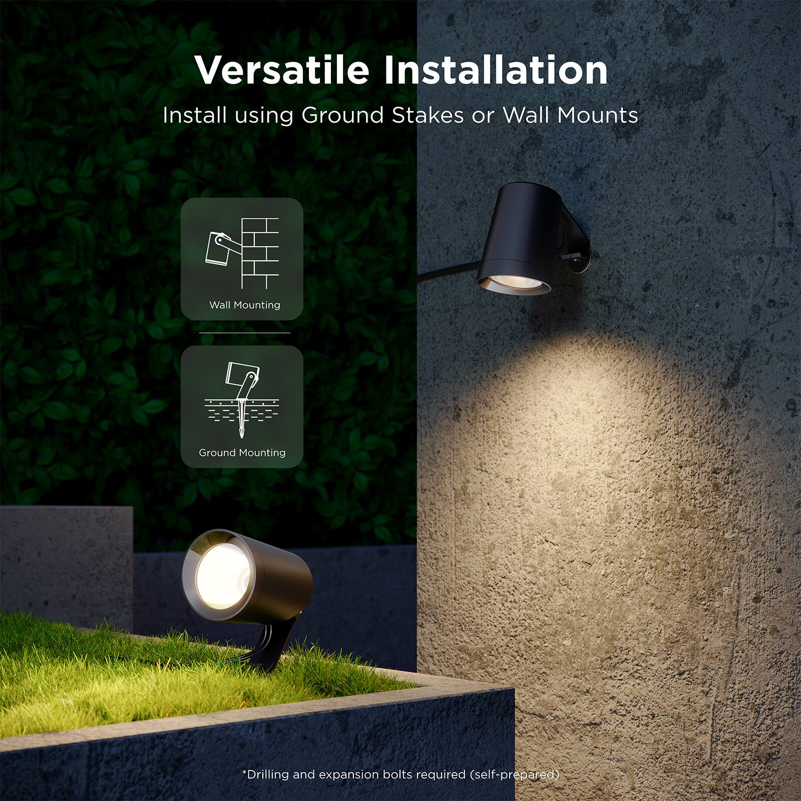 Versatile Installation  
Install using Ground Stakes or Wall Mounts  

Wall Mounting  
Ground Mounting  

*Drilling and expansion bolts required (self-prepared)