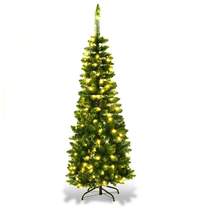 WELLFOR - 4.5 ft Pre‑lit Pencil Hinged Artificial Christmas Tree with 226 Branch Tips &150 LED Lights, Holiday Christmas Pine Tree - Green