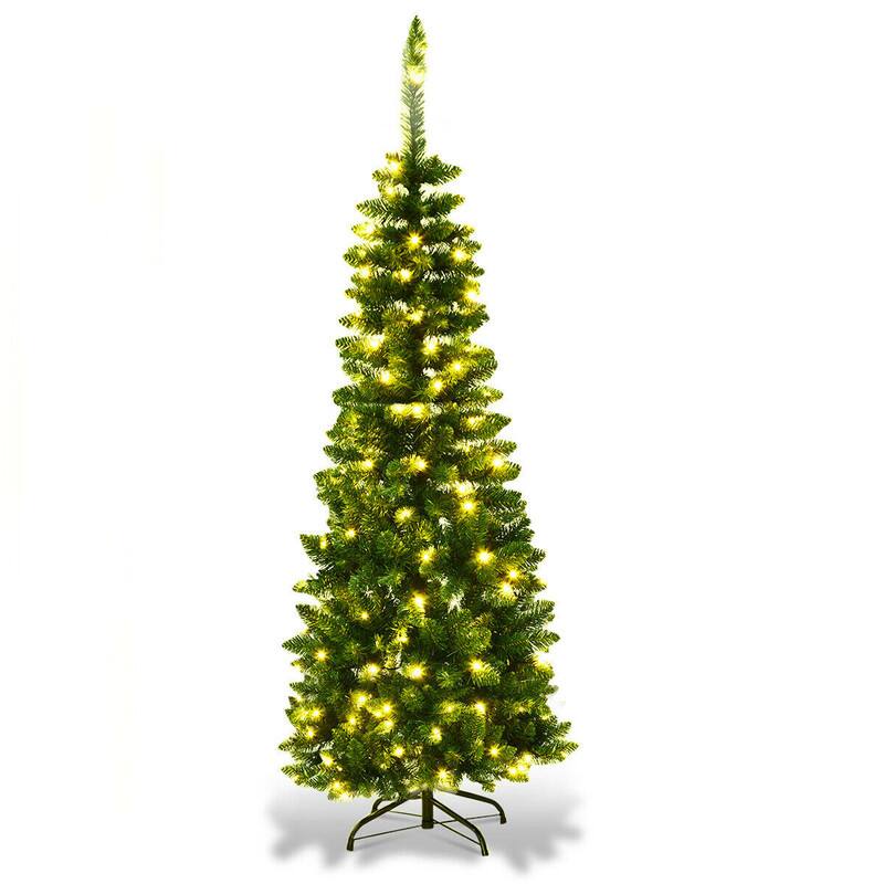 Front. WELLFOR - 4.5 ft Pre‑lit Pencil Hinged Artificial Christmas Tree with 226 Branch Tips &150 LED Lights, Holiday Christmas Pine Tree - Green.