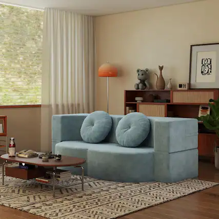 Front. Trinkets Crazed - 2-in-1 Folding Sofa Bed, Convertible Floor Couch with Full Size Folding Mattres - light blue.