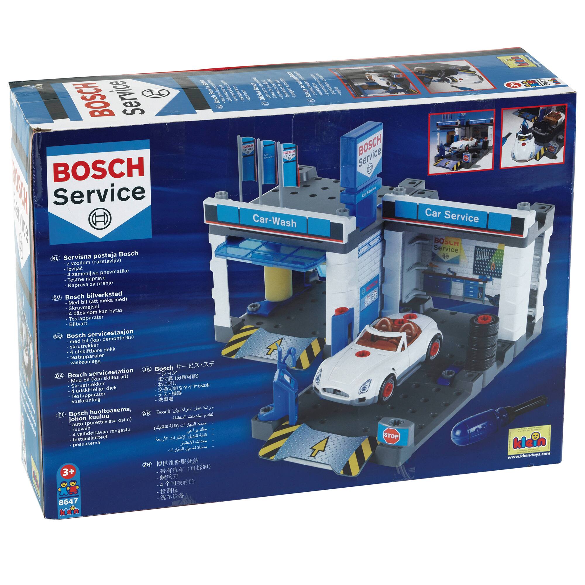 BOSCH Service Car Wash Station Play Set. This play set includes a car wash station with a car lift, a car wash machine, and a service station. The set also includes a variety of tools and accessories, such as a skruvmejsel (screwdriver), a skifteslekl (shifter cable), and a testapparater (test apparatus). The play set is designed for children to learn about and engage with different types of vehicles and their maintenance.