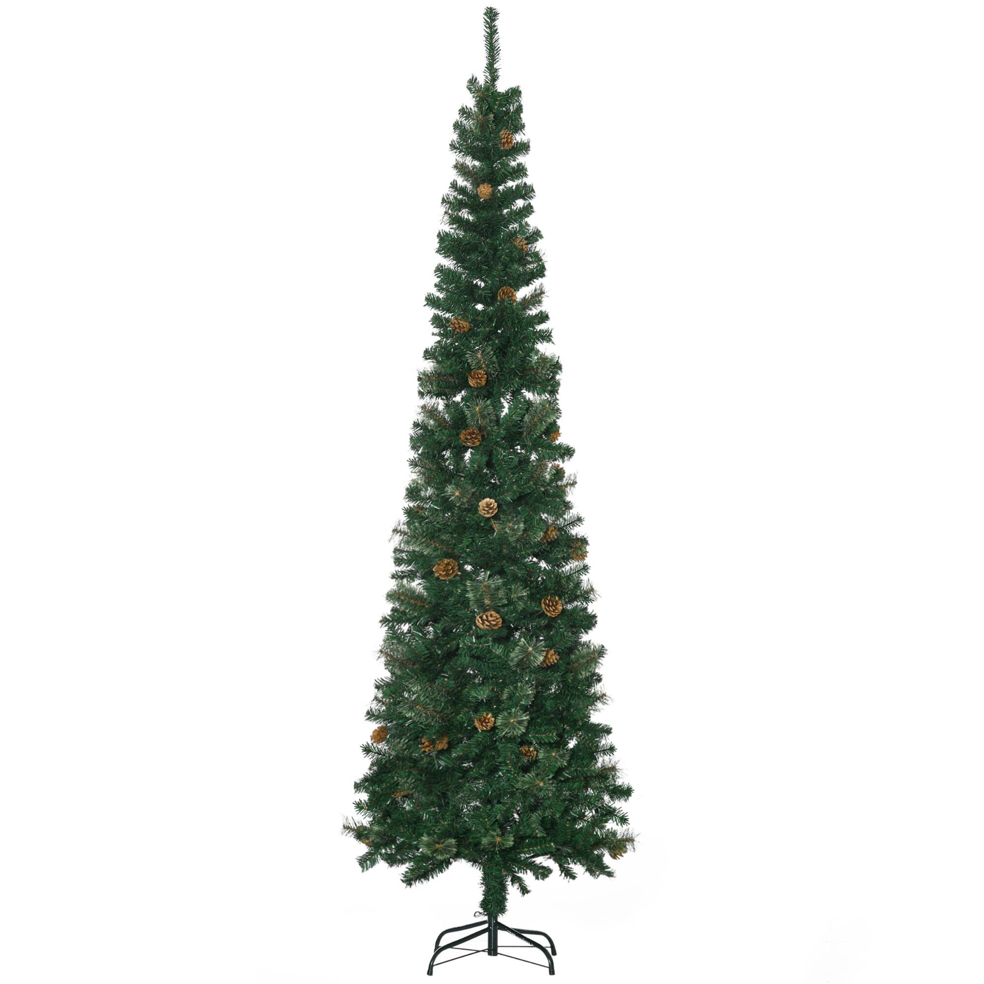 Homcom - Pencil Artificial Christmas Tree, Slim Pine Needles, Realistic Branches, Pine Cones, Metal Base - Green