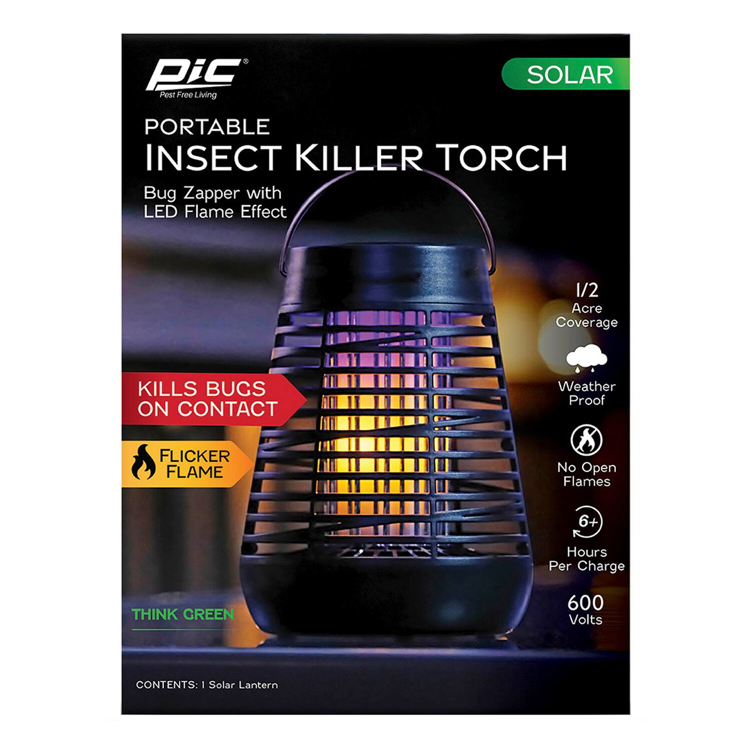 Pic Post Free Living SOLAR PORTABLE INSECT KILLER TORCH Bug Zapper with LED Flame Effect 1/2 Acre Coverage KILLS BUGS ON CONTACT Weather Proof FLICKER FLAME No Open Flames 6+ Hours Per Charge THINK GREEN 600 Volts CONTENTS: Solar Lantern