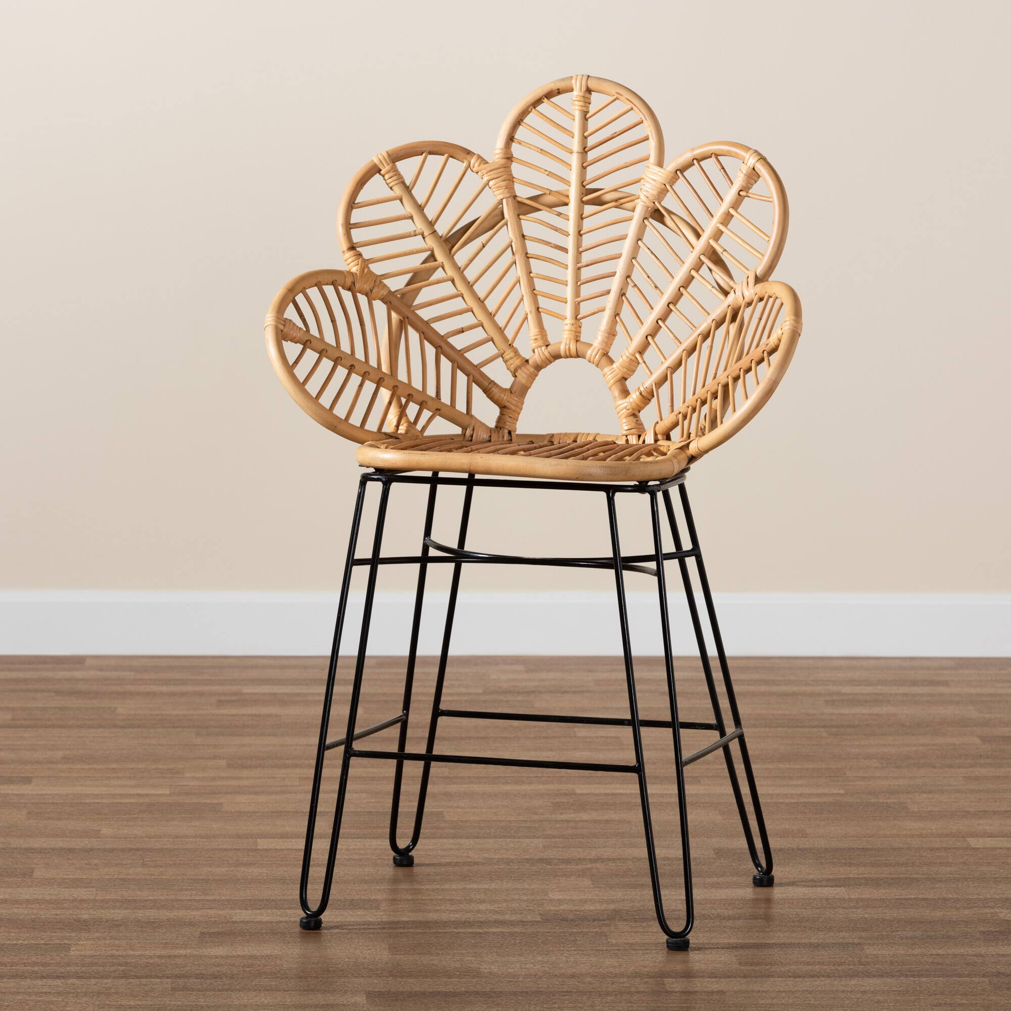 Alt View 5. bali & pari - Garan Modern Bohemian Natural Rattan and Metal Counter Stool - Natural Brown/Black.
