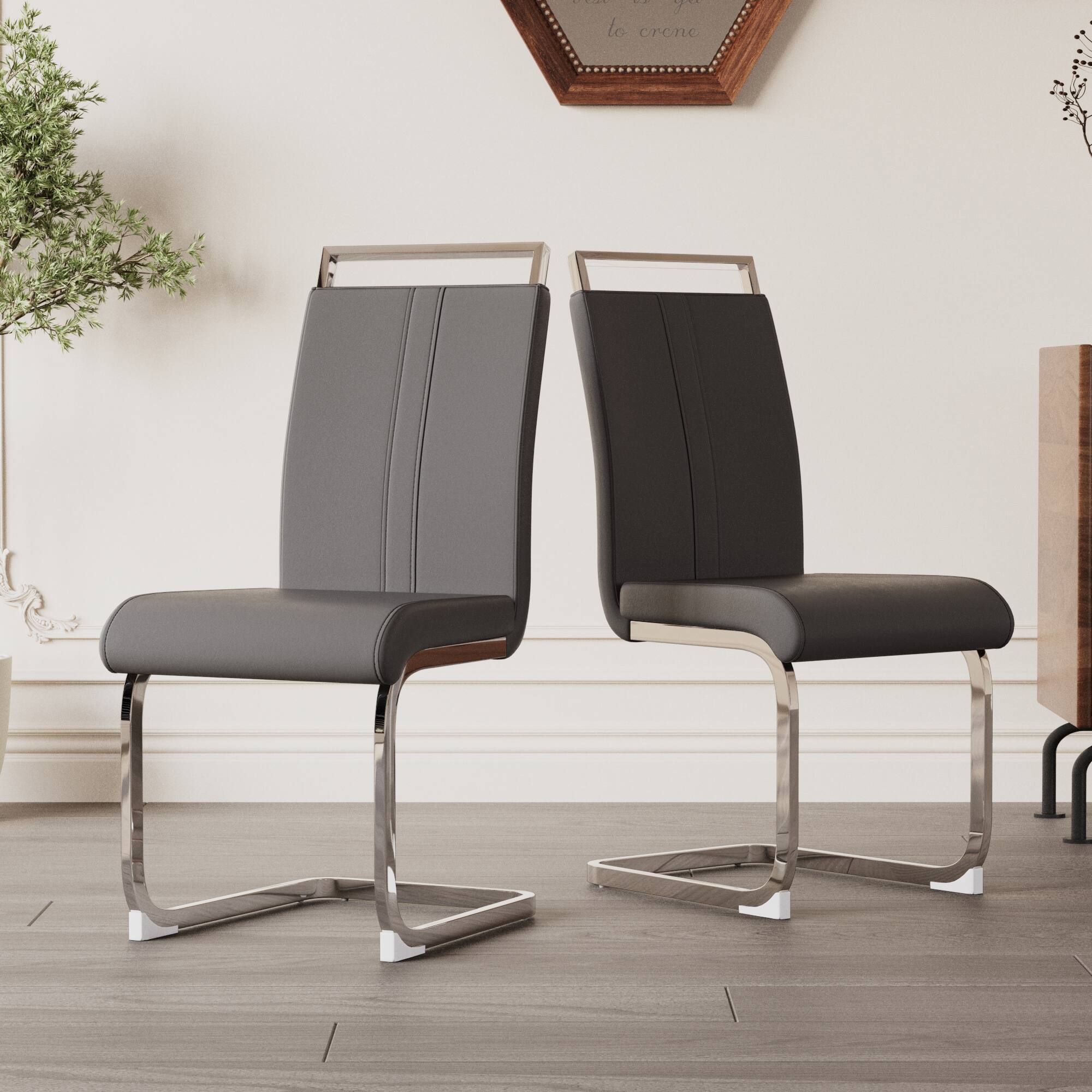 Alt View 2. TinyHomie - Set of 4 Grey PU Leather High Back Dining Chairs C-Shaped Metal Legs - gray.