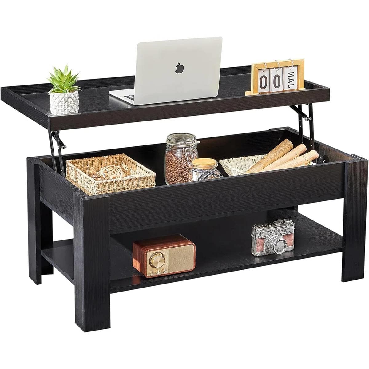 Hivvago - Modern Lift Top Coffee Table Laptop Tray with Storage Shelf Wood Finish - Black