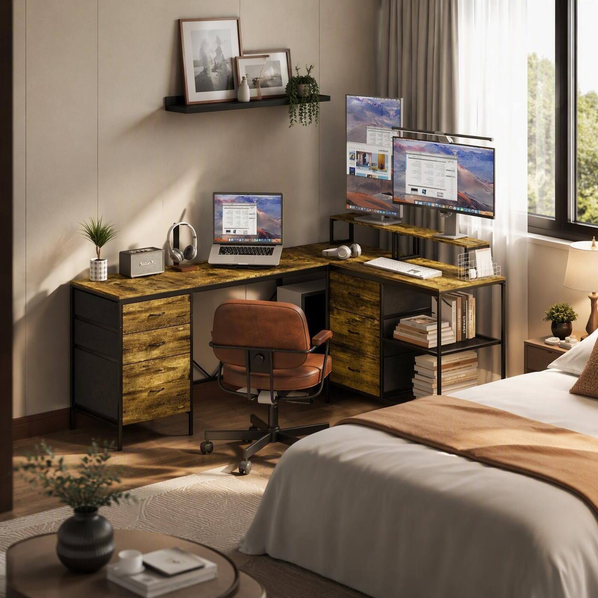 Left. RYHNUYNE - 114 inch L-Shaped Desk, Industrial Home Office Desk with Power Hub, 6 Drawers, 3 Shelves, Removable Monitor Stand - Brown.