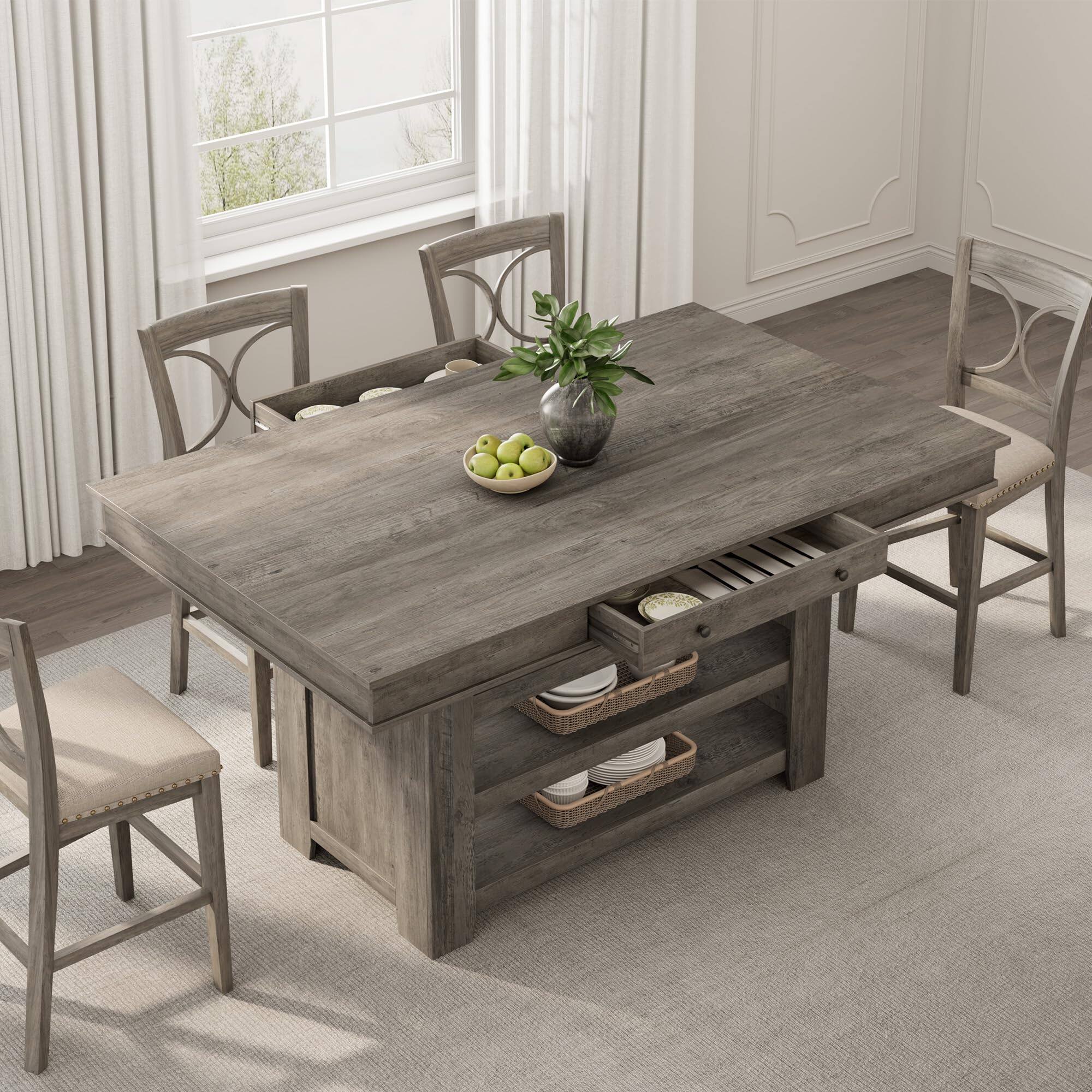 Left. Jojoka - 60" Counter Height Dining Table for 4, Farmhouse Rectangular Bar Height Table w/Wine Rack & Shelves - Gray.