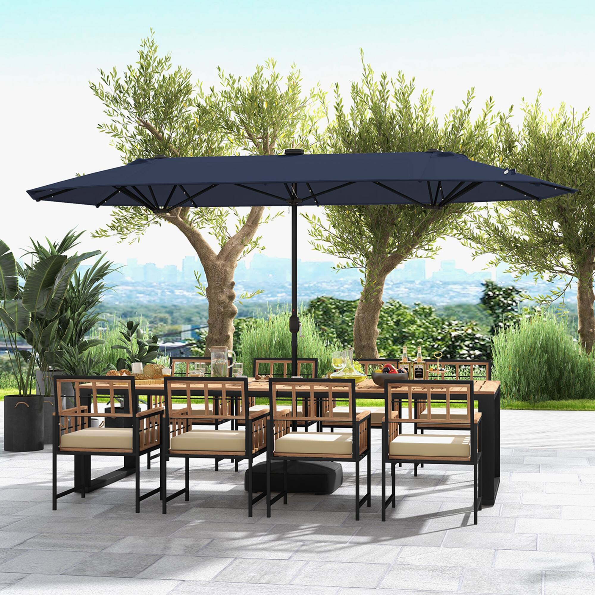 Alt View 3. Costway - Costway 13FT Double-sided Patio Umbrella with Solar Lights Crank Handle Umbrella Base - Navy.