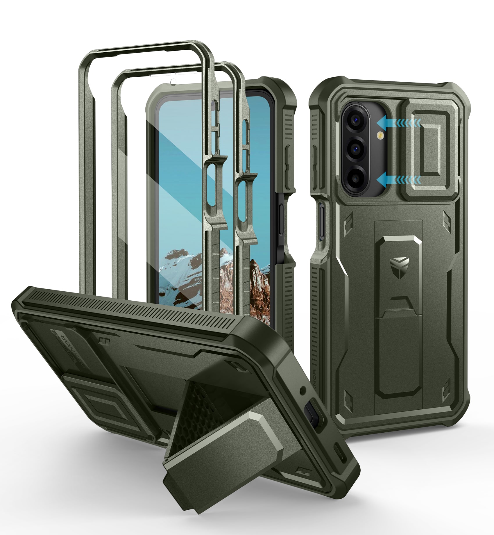 dexnor - for Samsung Galaxy A17 5G Phone Case with Screen Protector, Slide Camera Cover and Kickstand Shockproof Protective Cover - Army Green
