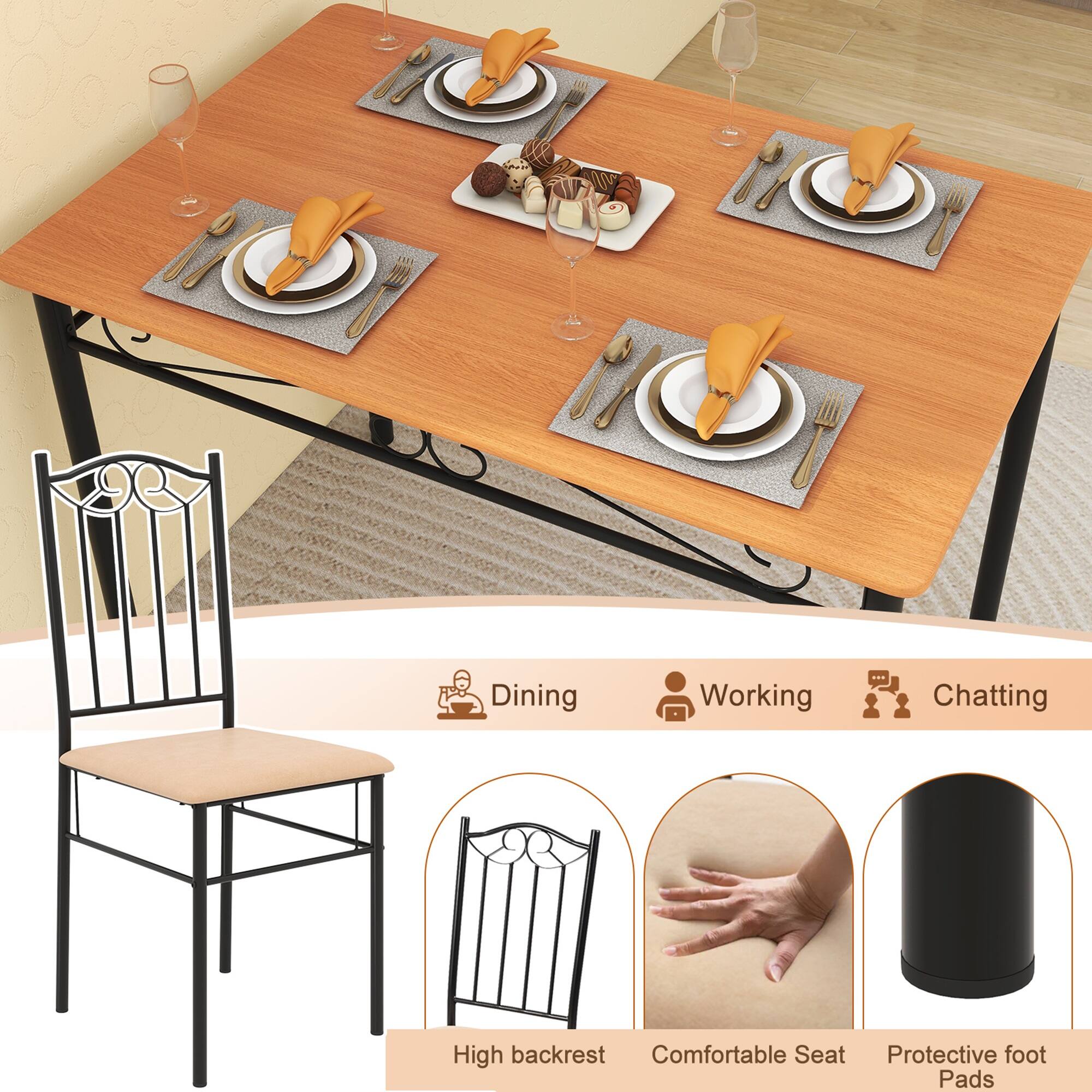 Dining table with chairs, high backrest, comfortable seat, and protective foot pads.