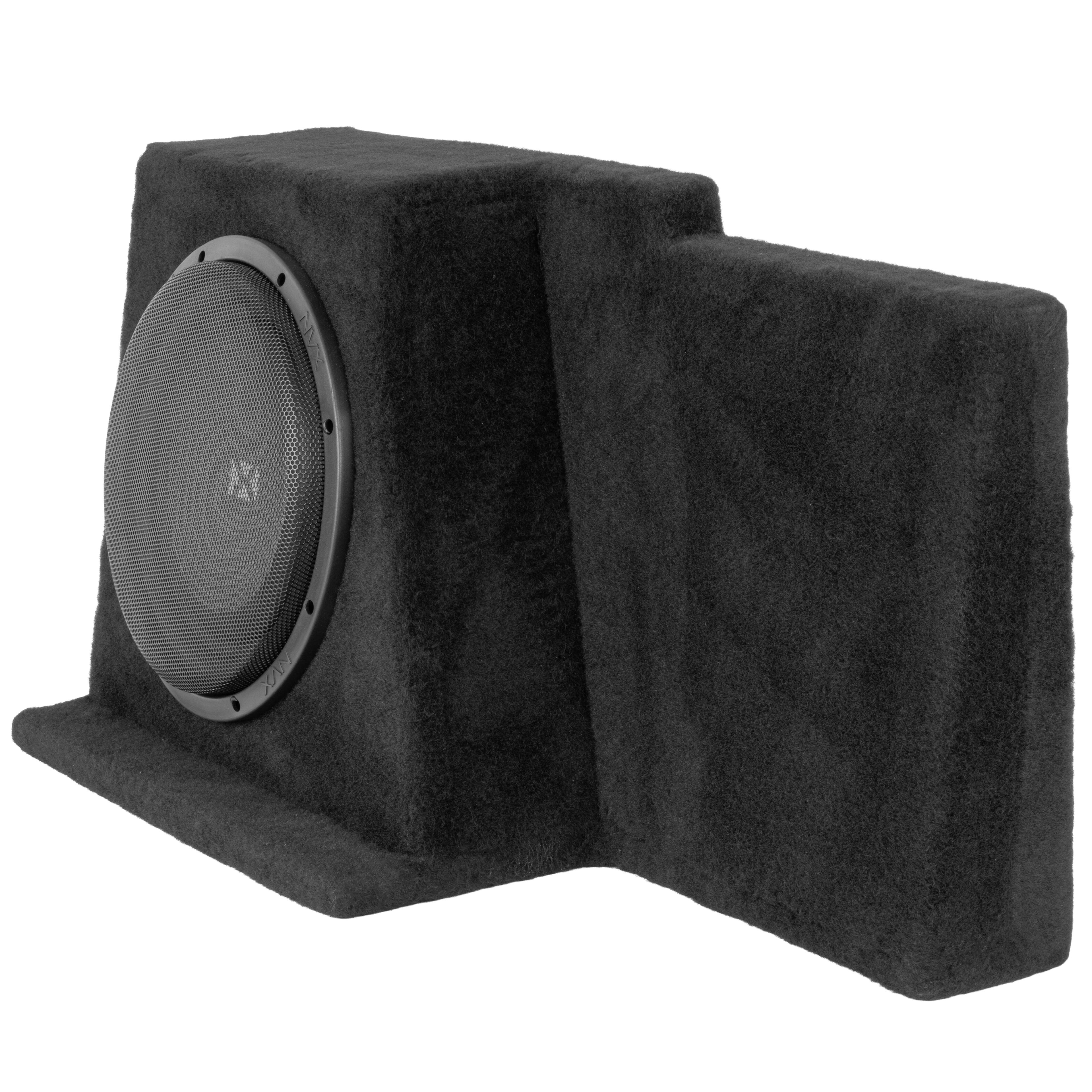 Left. NVX - Custom Fit 350W RMS Single 10in Sealed Down Firing Loaded Subwoofer Enclosure for 2008-2013 Chevrolet Silverado and GMC.
