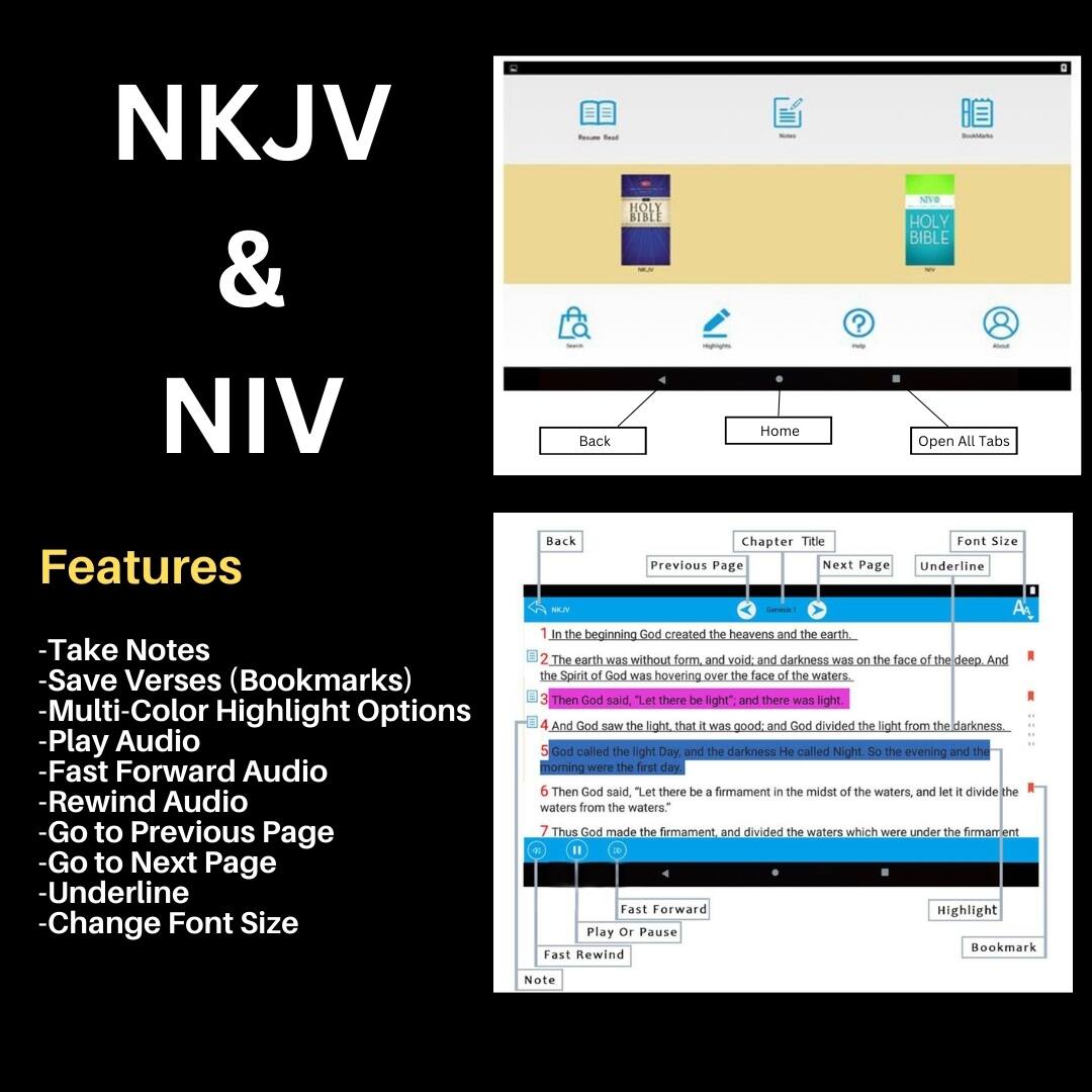 NKJV & NIV

Features

- Take Notes
- Save Verses (Bookmarks)
- Multi-Color Highlight Options
- Play Audio
- Fast Forward Audio
- Rewind Audio
- Go to Previous Page
- Go to Next Page
- Underline
- Change Font Size

In the beginning God created the heavens and the earth.  
The earth was without form, and void; and darkness was on the face of the deep. And the Spirit of God was hovering over the face of the waters.  
Then God said, "Let there be light," and there was light.  
And God saw the light, that it was good; and God divided the light from the darkness. God called the light Day, and the darkness He called Night. So the evening and the morning were the first day.  
Then God said, "Let there be a firmament in the midst of the waters, and let it divide the waters from the waters."  
Thus God made the firmament, and divided the waters which were under the firmament from the waters which were above the firmament.