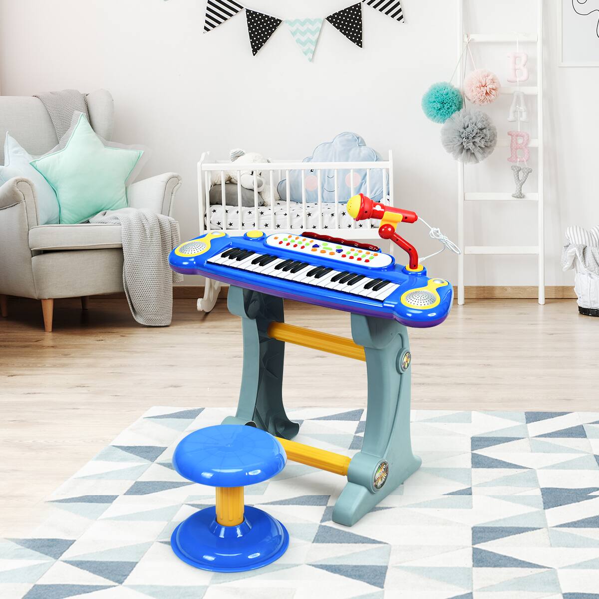 Alt View 13. Costway - 37 Key Electronic Keyboard Kids Toy Piano MP3 Input with Microphone & Stool - Blue.