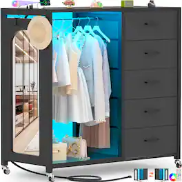 Aheaplus - 5 Drawer Dresser with Power Outlet and LED Light, Storage Chest with Hanging Rod & Mirror, with Wheels - Black