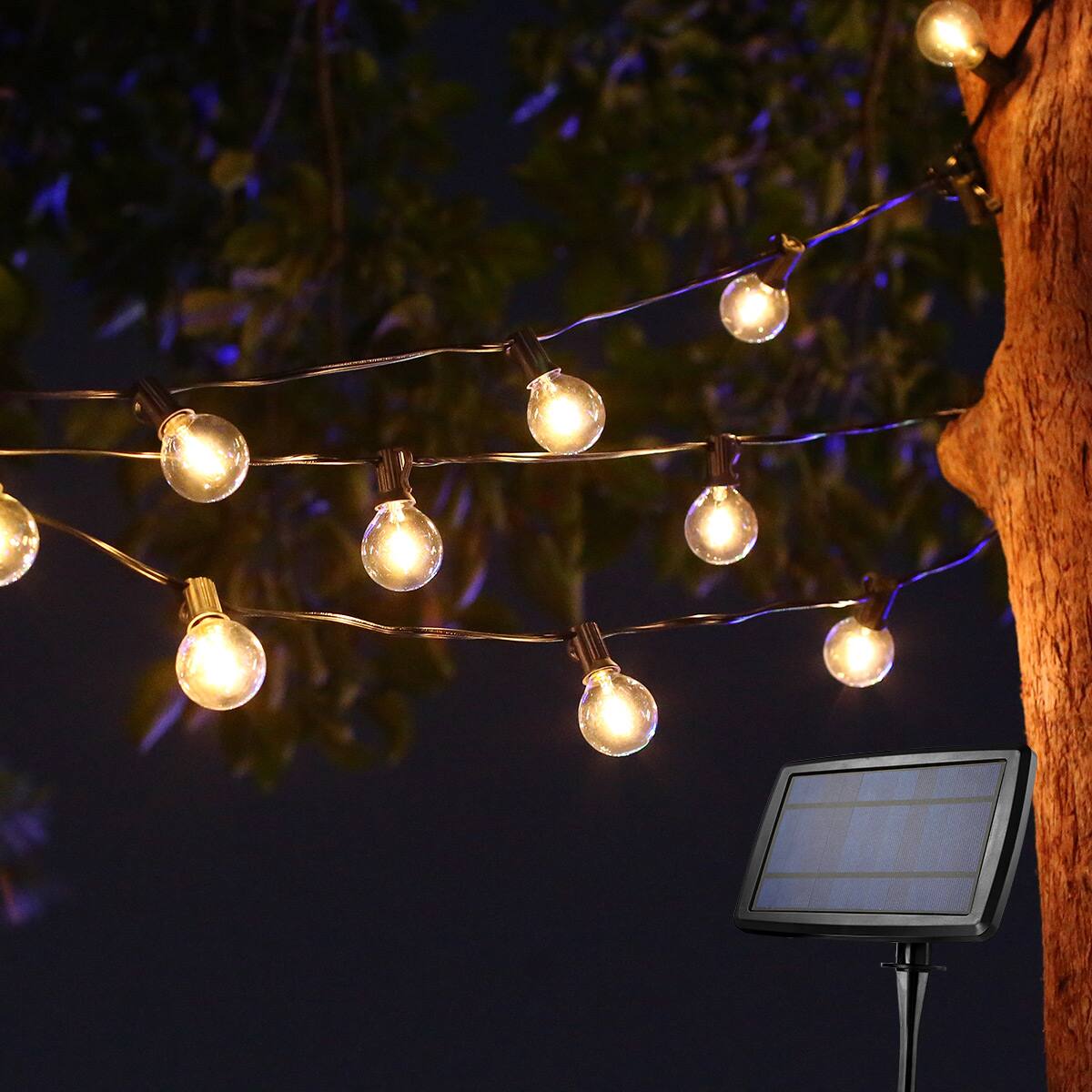 Alt View 6. Lepro - 25ft Solar/USB Rechargable Dusk-to-Dawn Outdoor String Lights, 26 LED G40 Bulbs, for Porch Backyard Pool Party Garden.