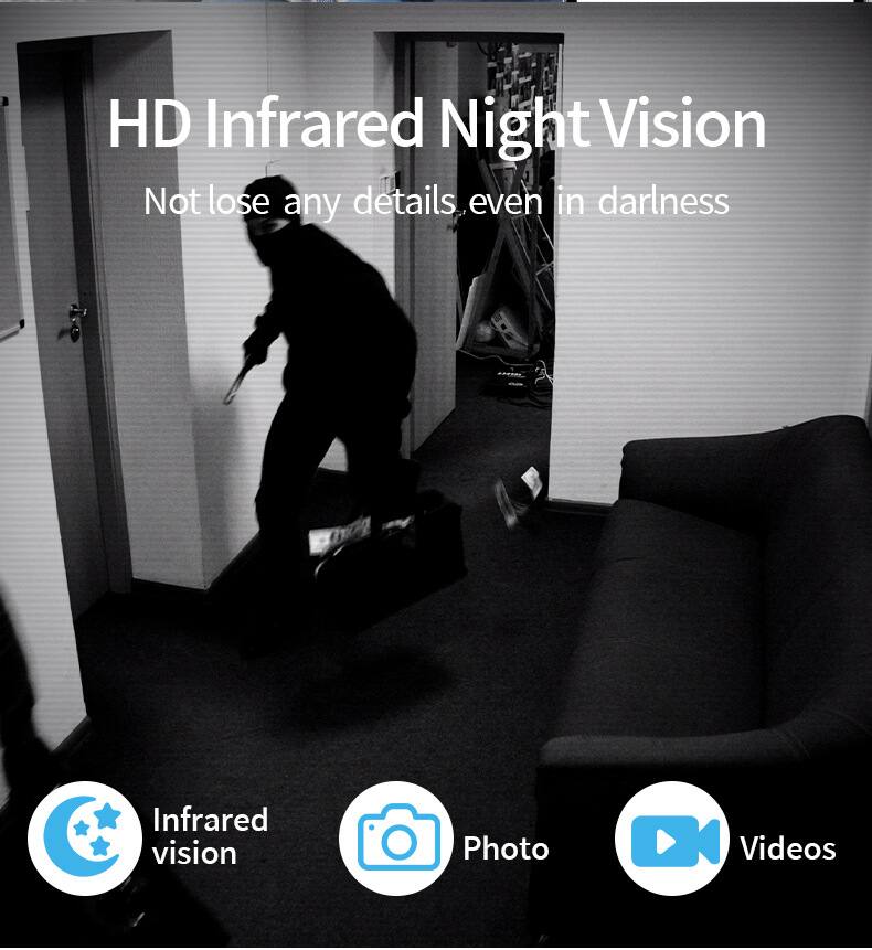 HD Infrared Night Vision  
Not lose any details, even in darkness  

Infrared vision  
Photo  
Videos