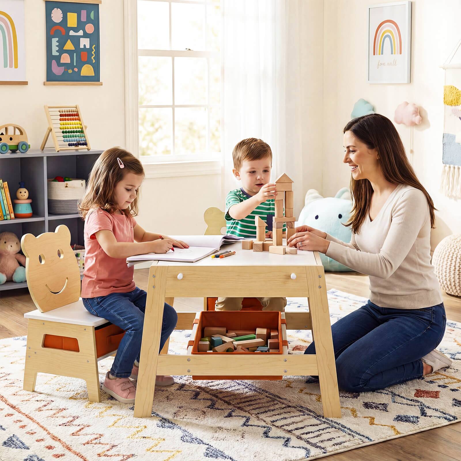 Alt View 3. Costway - Costway 5-in-1 Kids' Table & Chair Set with Chalkboard, Whiteboard, 3 Storage Bins, 4 Hooks - Natural,White,Orange.