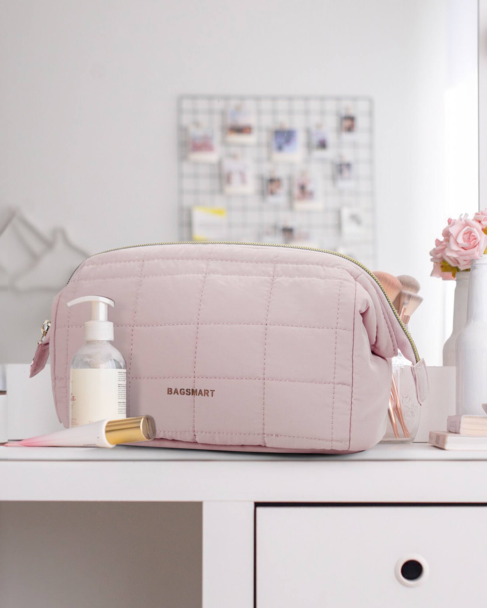 Alt View 6. Bagsmart - Wide-open Makeup Bag Cosmetic Pouch Organizer Travel Toiletry Bag Essentials Accessories for Women Girls - Pink.