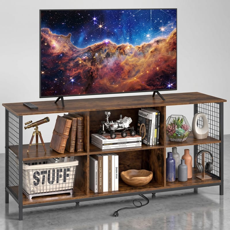 WELLFOR - Farmhouse TV Stand for 65 Inch TVs, Entertainment Center with 6-Cube Storage, Media Console Cabinet for Living Room - Rustic Brown