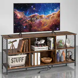 WELLFOR - Farmhouse TV Stand for 65 Inch TVs, Entertainment Center with 6-Cube Storage, Media Console Cabinet for Living Room - Rustic Brown