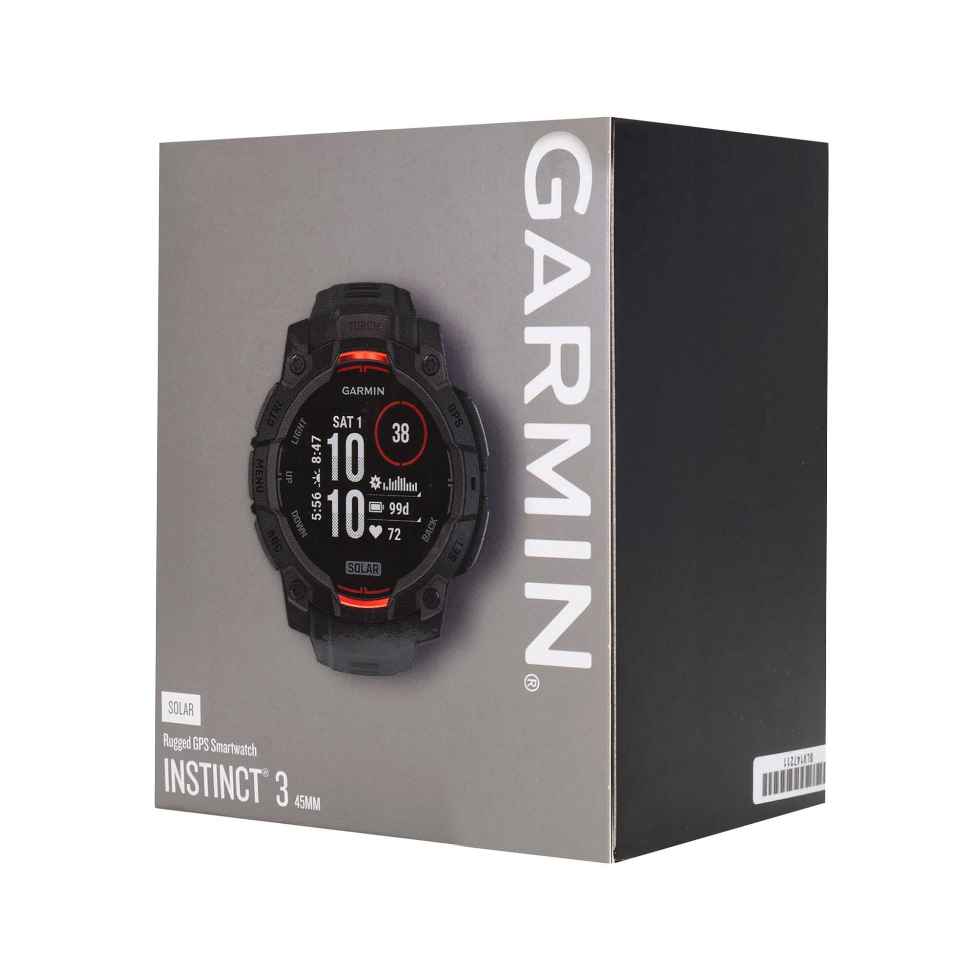 TORCH: GARMIN GTRL SAT 1 GPS LIGHT 38 8:47 10 MENU UP * *le 5:56 10: P66 NIADO 72 BACK ABC SET SOLAR SOLAR Rugged GPS Smartwatch INSTINCT 3 45MM GARMIN