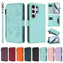 Dteck - Crossbody Wallet Case for Samsung Galaxy S25 Ultra,Embossed Butterfly Flower Folio Cover with Zipper Pocket+Strap - Green