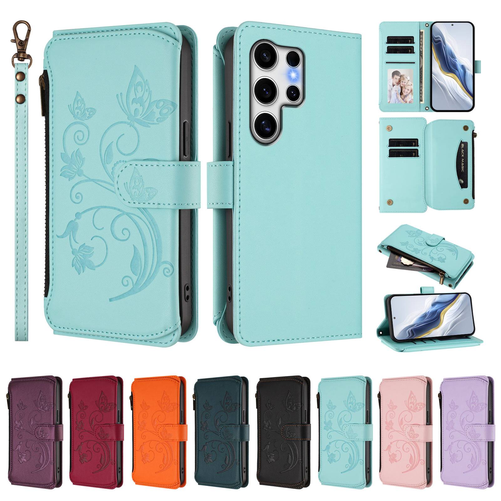 Dteck - Crossbody Wallet Case for Samsung Galaxy S25 Ultra,Embossed Butterfly Flower Folio Cover with Zipper Pocket+Strap - Green