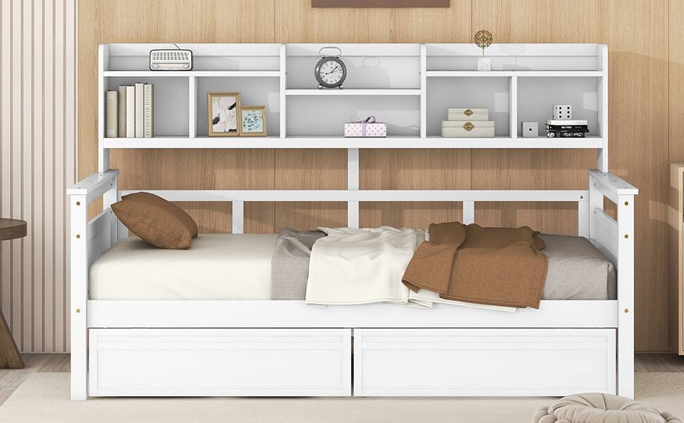 Angle. Aukfa - Twin size Daybed, Wood Slat Support, with Bedside Shelves and Two Drawers - White.