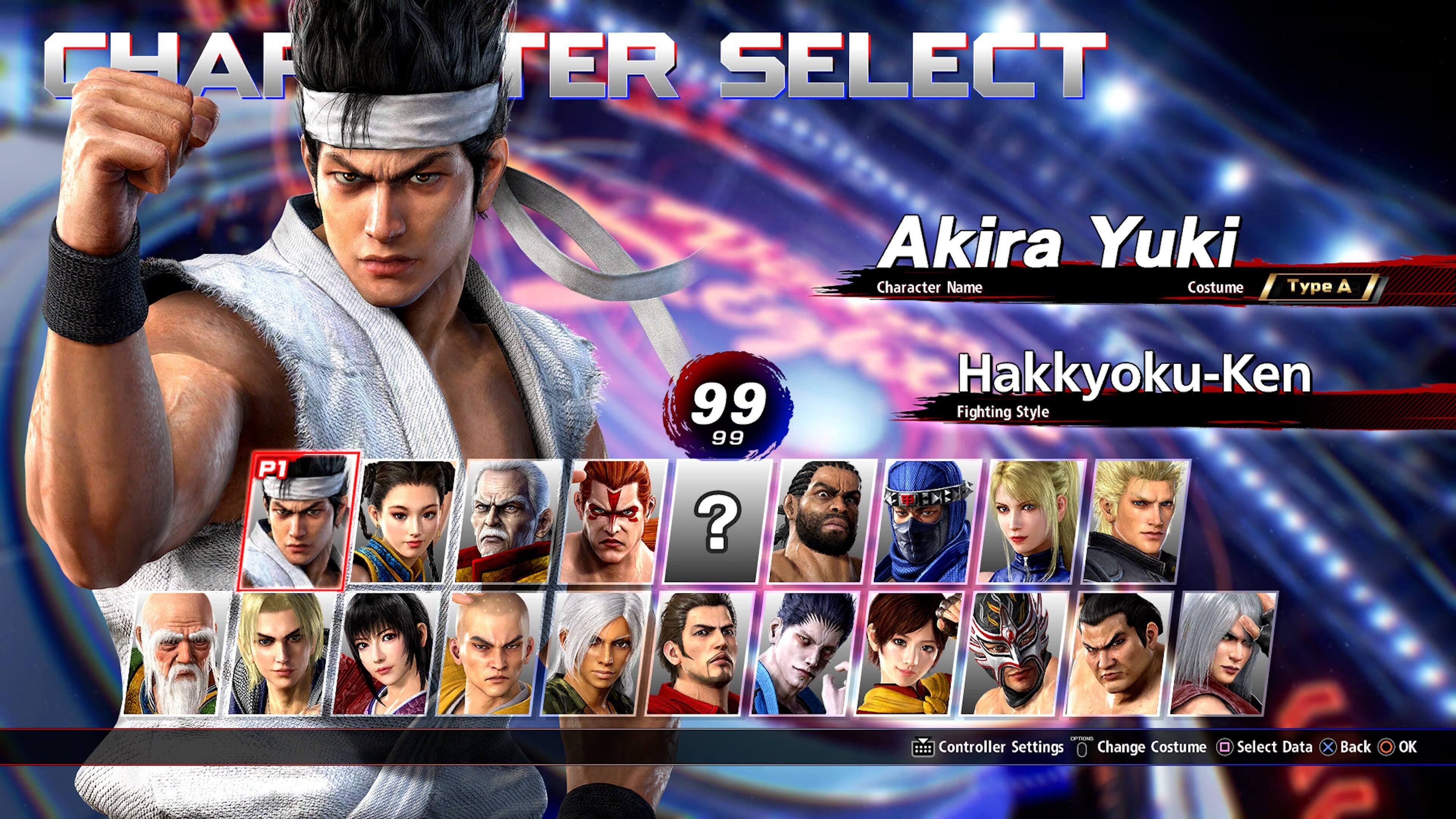 CHAPTER SELECT

Akira Yuki  
Character Name  
Costume Type A

Hakkyoku-Ken  
Fighting Style

P1  
99  
99

Controller Settings  
Change Costume  
Select Data  
Back  
OK