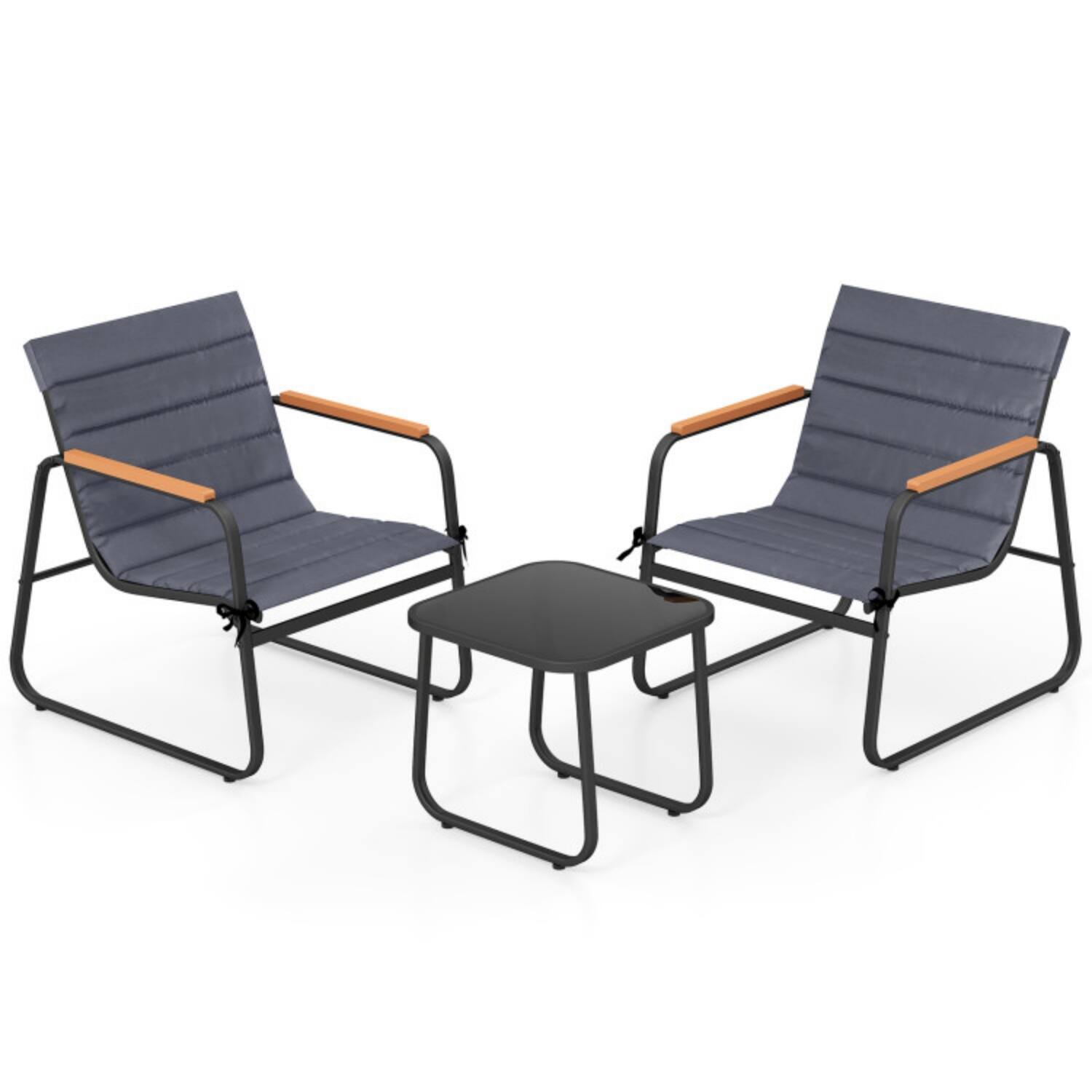 Alt View 3. Mondawe - Compact Freestanding Patio Bistro Set with 2 Chairs and Tempered Glass Table 3-Piece - Black+Gray.