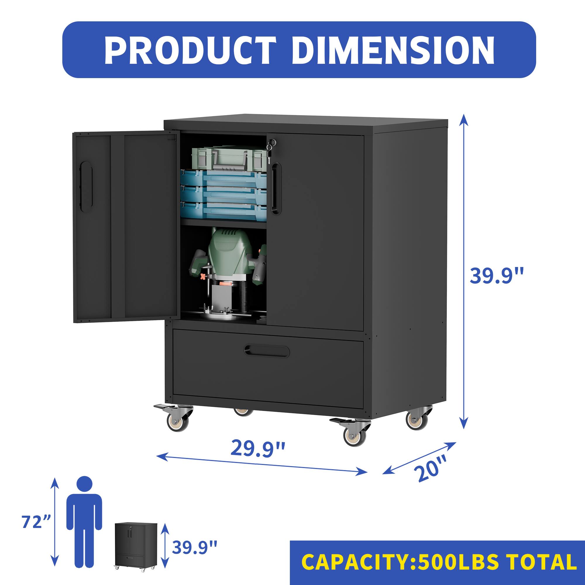 PRODUCT DIMENSION  
39.9" x 29.9" x 20" x 72"  
CAPACITY: 500LBS TOTAL