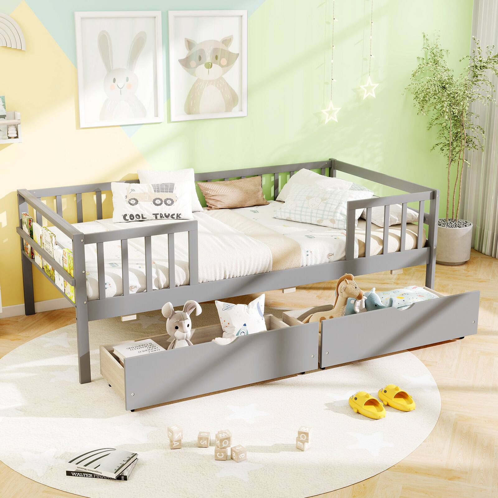 Gymax Twin Size Kids Bed w/Storage 2 Pull out Drawers Side Shelf