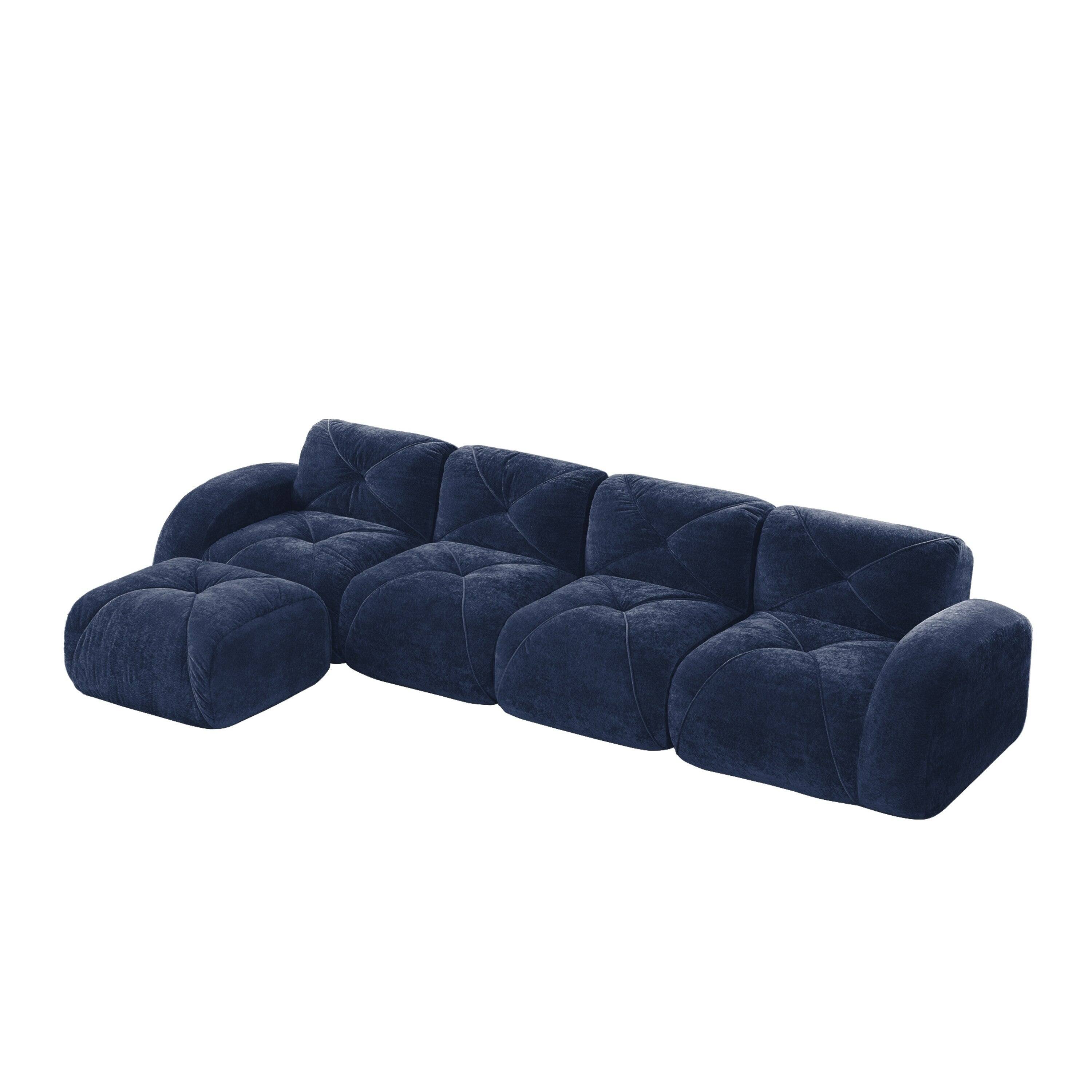 Boyel Living - L Shaped Velvet Tufted Sofa Movable Ottoman 32D HD Sponge Ergonomic Anti Slip Free Combo No Assembly Living Room Blue - Blue