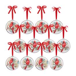 BreeBe - Winter Cardinal and Pine Branch Disc Ornament (Set of 12) - Red, White