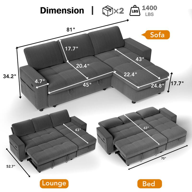 Dimension I x2 1400 LBS  
Sofa: 81" x 45" x 24.8" x 22.4" x 43" x 17.7" x 20.4" x 34.2" x 4.7"  
Lounge: 52.7" x 43"  
Bed: 70" x 63"