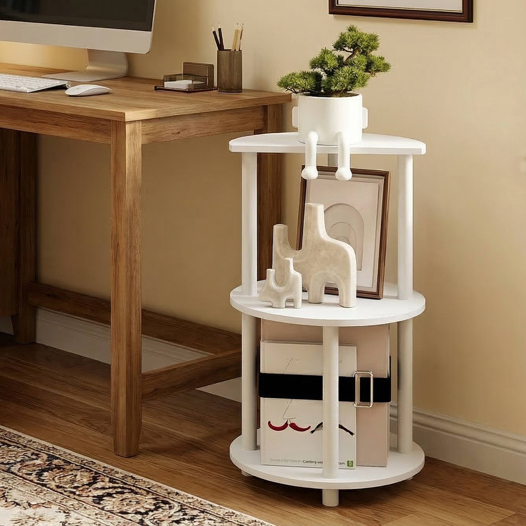 Alt View 2. Furinno - TURN-N-TUBE Side Table, Round End Table, Toolless Half Round Table Top Night Stand, Bedside Table, Open Shelf - White/White.