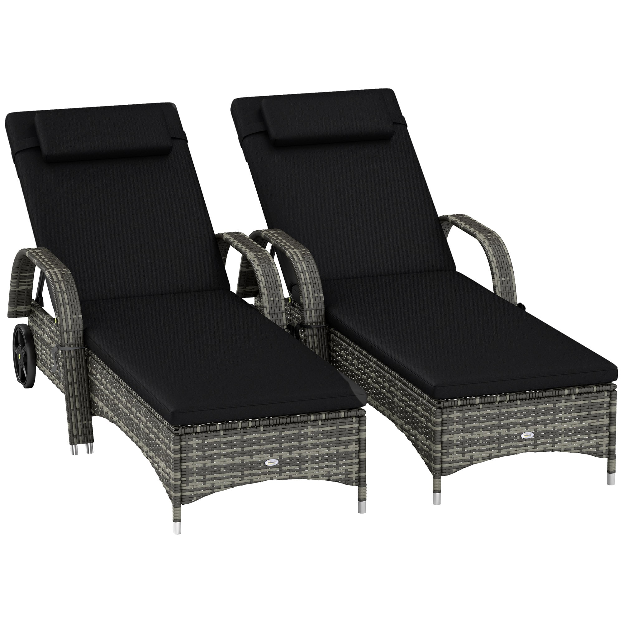 Outsunny - Reclining Chaise Lounge Chairs, Rolling Outdoor Chairs with Cushion, Pillow, Headrest, Armrests - Mixed Gray, Charcoal Black;