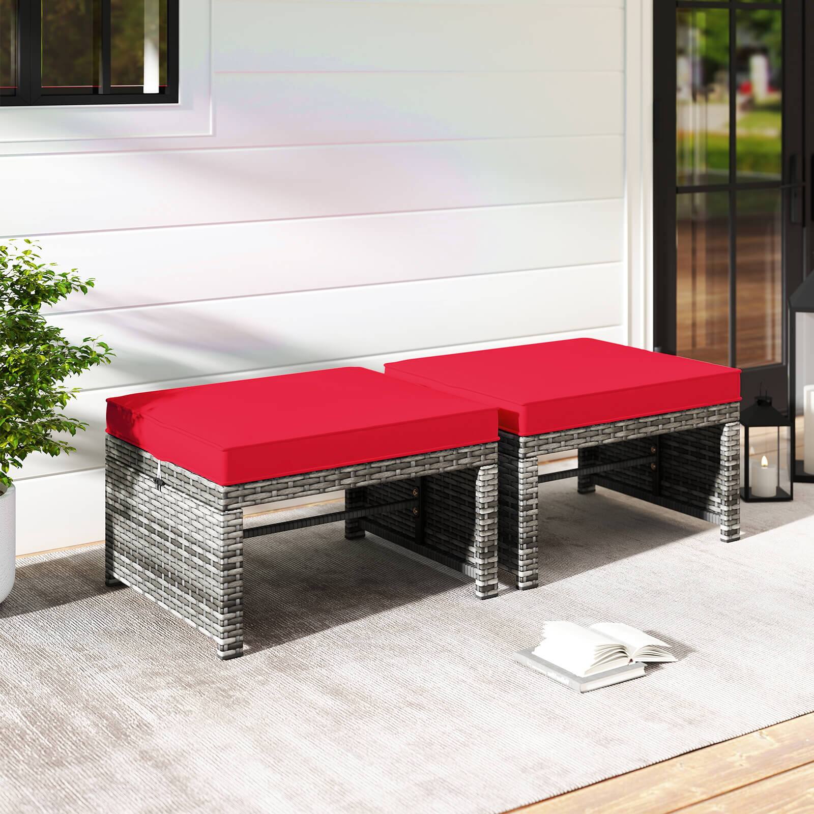 Alt View 1. Costway - Costway Patio Ottomans Set of 2 PE Rattan Footstools with Removable Cushions & Metal Frame Red - Red.
