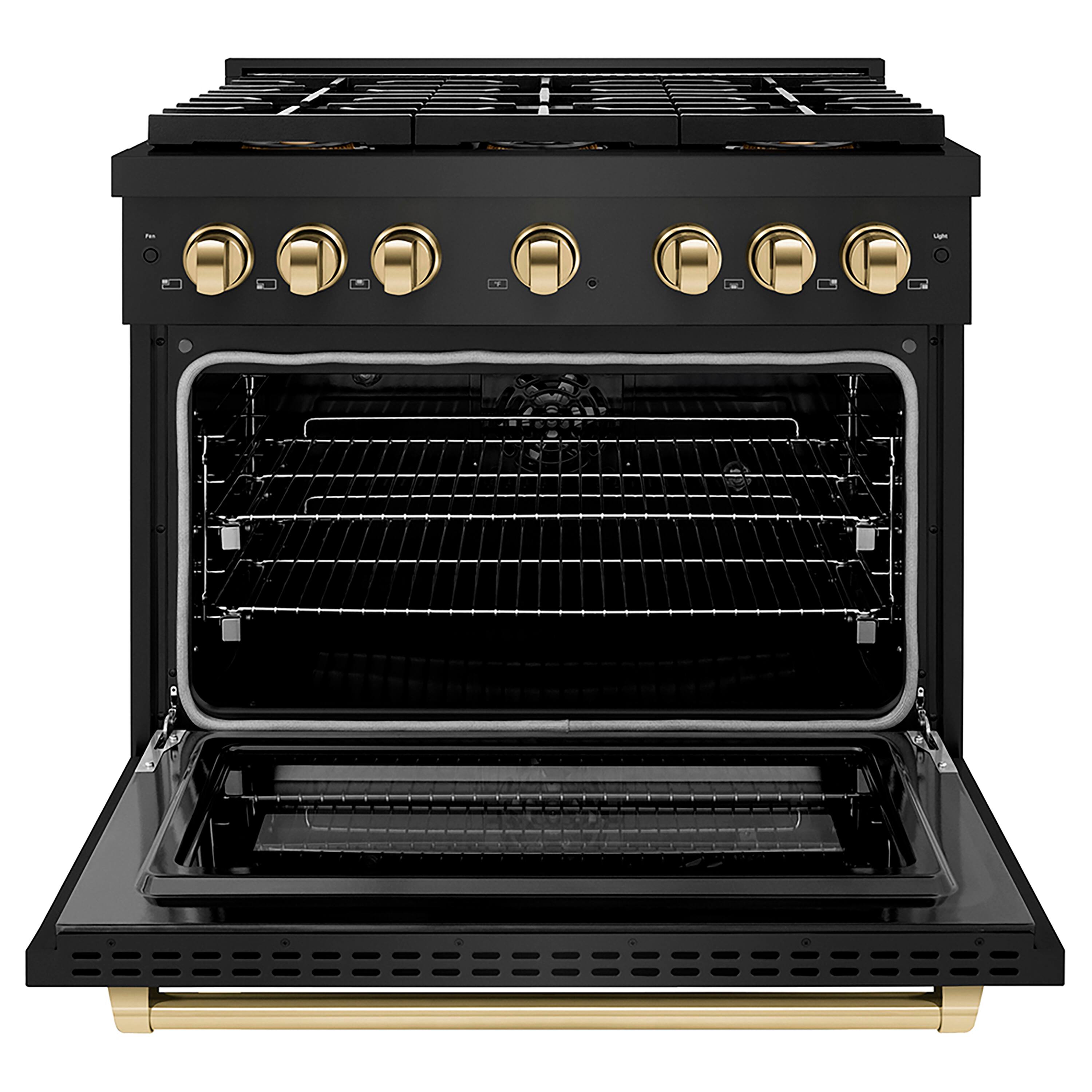 Angle. ZLINE - ZLINE Autograph 36 in. Black Stainless Paramount Dual Fuel Range w/ DuoPro Cooktop & Gold Accents (PSDRBZ-36-G) - Black Stainless Steel.