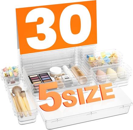 Front. RTMB - Clear Plastic Drawer Organizer Bins, 5 Sizes, Holds Up to 177 Items, 𝘔𝘪𝘭𝘪𝘵𝘢𝘳𝘺 𝘎𝘳𝘢𝘥𝘦.