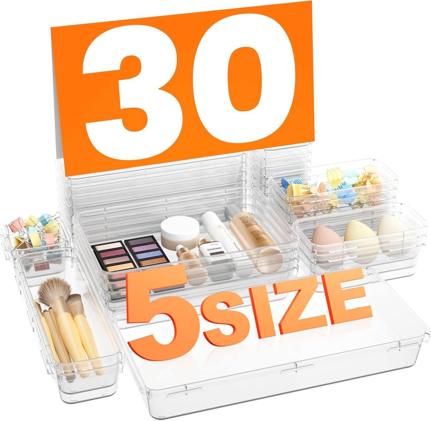 Front. RTMB - Clear Plastic Drawer Organizer Bins, 5 Sizes, Holds Up to 177 Items, 𝘔𝘪𝘭𝘪𝘵𝘢𝘳𝘺 𝘎𝘳𝘢𝘥𝘦.